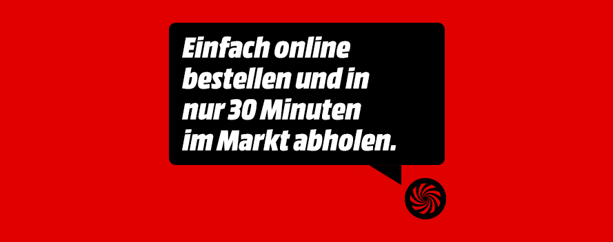 Rote Grafik mit Sprechblase: 'Einfach online bestellen und in nur 30 Minuten im Markt abholen.' mit MediaMarkt-Logo.