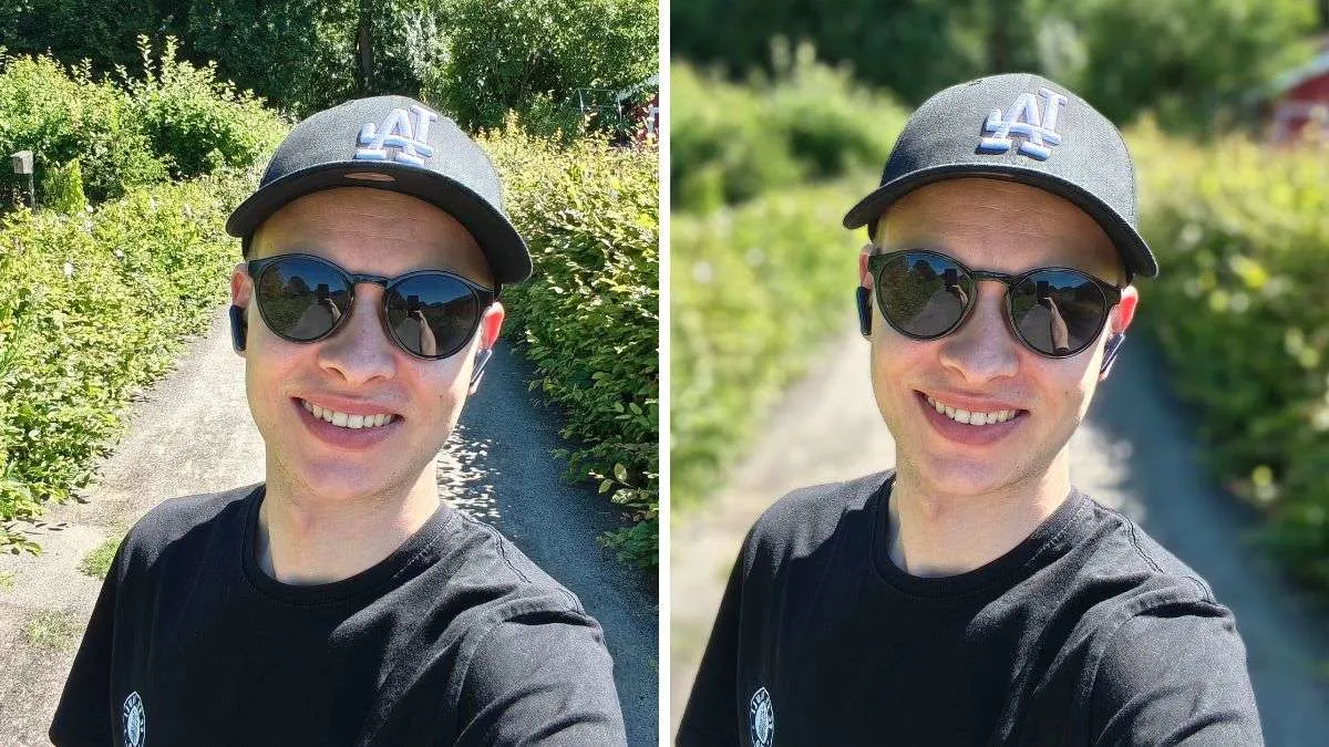 Eine Collage zeigt zwei Selfies von Alex, das rechte Bild hat einen verschwommenen Hintergrund. Beide Fotos sind gut ausgeleuchtet und zeigen natürliche Hauttöne.