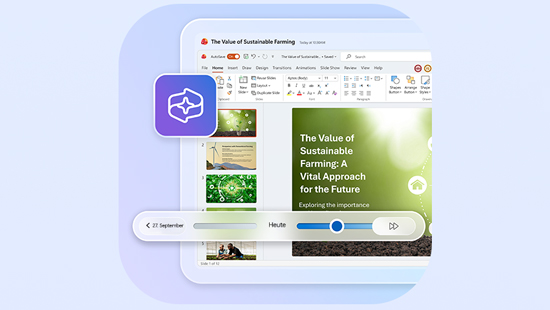 Eine Präsentation auf einem Computerbildschirm zeigt eine Folie mit dem Titel „The Value of Sustainable Farming: A Vital Approach for the Future“. Im Vordergrund ist eine Zeitleiste mit einem Regler zu sehen, darunter ein Kalenderdatum und ein Symbol für intelligente Funktionen.