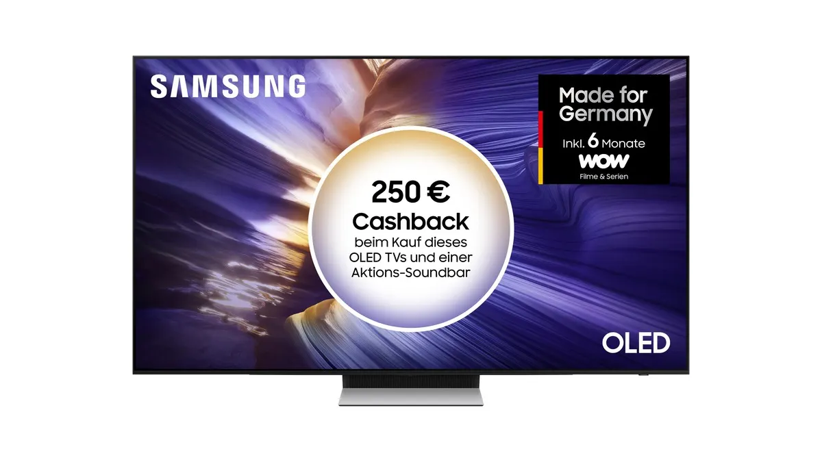 Der Fernseher Samsung S90F vor einem weißen Hintergrund.