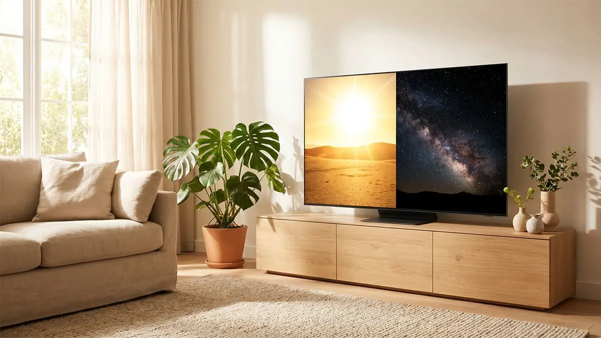TV im Wohnzimmer zeigt geteilten Bildschirm: links helle Wüste, rechts dunkler Sternenhimmel als Mini-LED/OLED-Vergleich. Daneben Zimmerpflanzen.