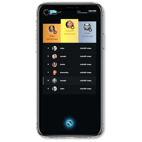 Ein Smartphone zeigt eine App mit Benutzerprofilen und Nutzungsstatistiken auf einem dunklen Bildschirm. Icons und Text sind in Weiß gehalten.