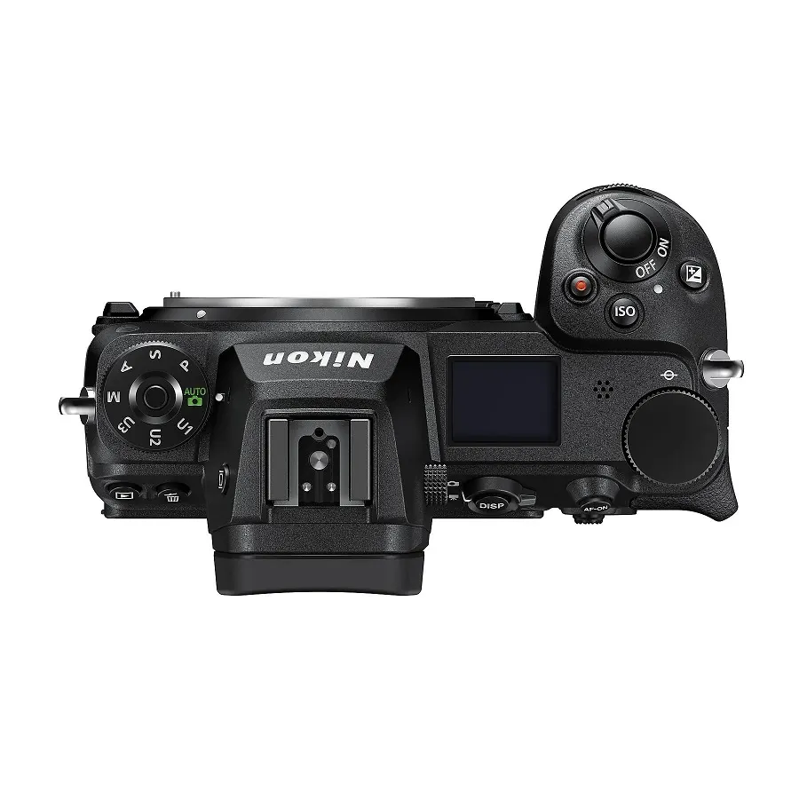 NIKON Z 6II Gehäuse Systemkamera, 8 cm Display Touchscreen, WLAN Draufsicht einer schwarzen Nikon-Kamera mit verschiedenen Knöpfen, einem Blitzschuh und einem LCD-Bildschirm. Die Kamera hat ein Einstellrad.