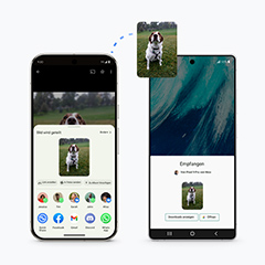 Eine Grafik symbolisiert den Dokumententransfer von einem Smartphone zum anderen.