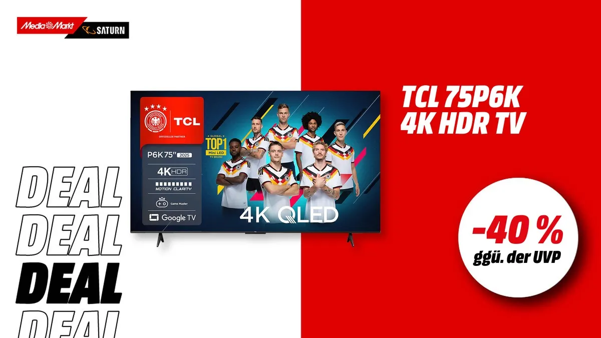 TCL 75P6K 4K HDR Smart TV mit 75 Zoll Bildschirmdiagonale, rahmenlosem Design, aktuell mit -40 % (ggü. der UVP) reduziert.