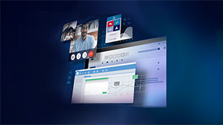 Verschiedene App- und Programmfenster schweben vor einem dunkelblauen Hintergrund, darunter ein Videoanruf und ein Browserfenster.