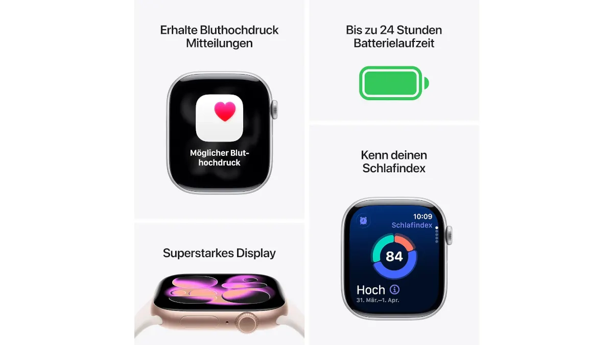 Ein Schaubild zu verschiedenen Eigenschaften der Apple Watch Series 11.