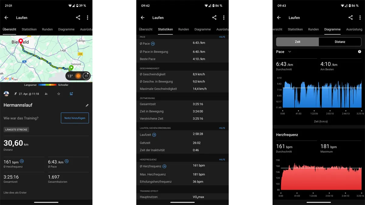 Drei Screenshots zeigen die Auswertungen eines Laufs mit der Garmin Venu 3.
