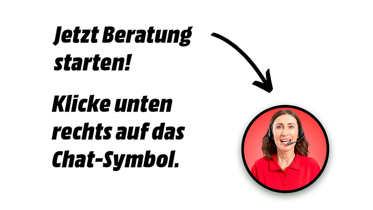 Text: "Jetzt Beratung starten! Klicke unten rechts auf das Chat-Symbol." Ein Pfeil zeigt auf das Berater-Icon.