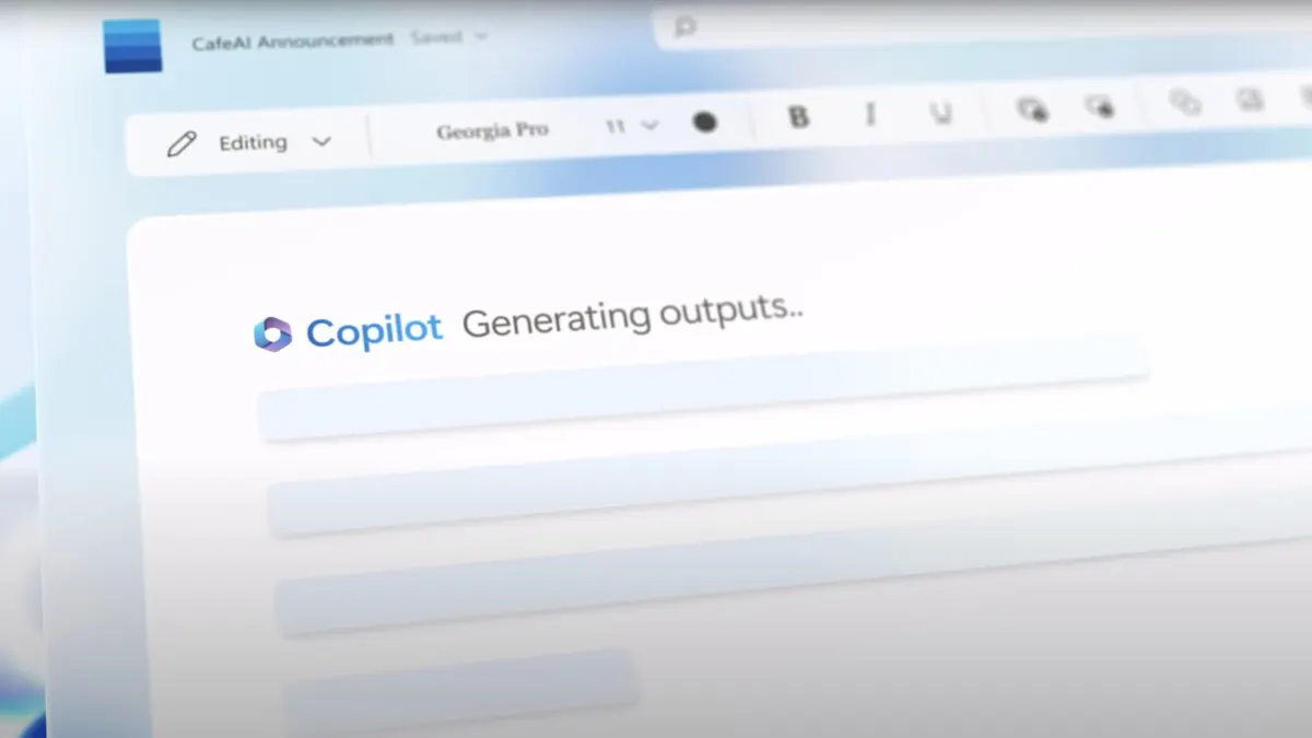 Ein Computerbildschirm zeigt eine Textverarbeitungsanwendung mit der Aufschrift "Copilot Generating outputs". Darunter befinden sich drei leere, horizontale Felder.