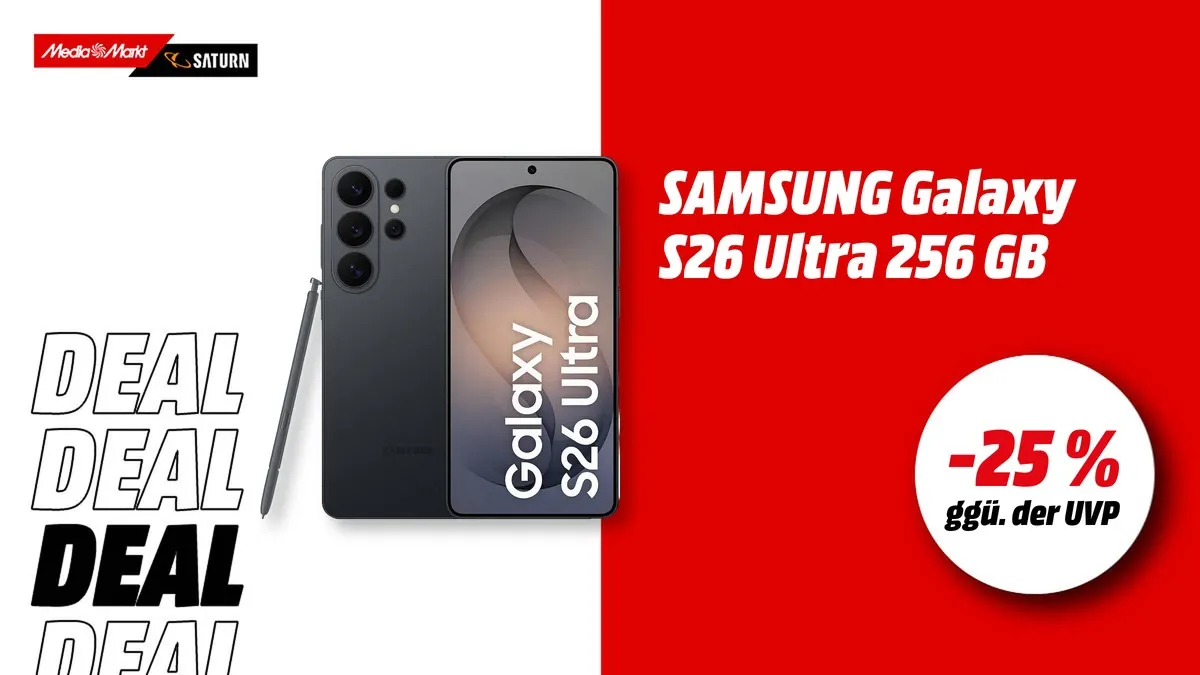 Samsung Galaxy S26 Ultra Smartphone in Schwarz – aktuell mit -25 % (ggü. der UVP) Rabatt bei MediaMarkt