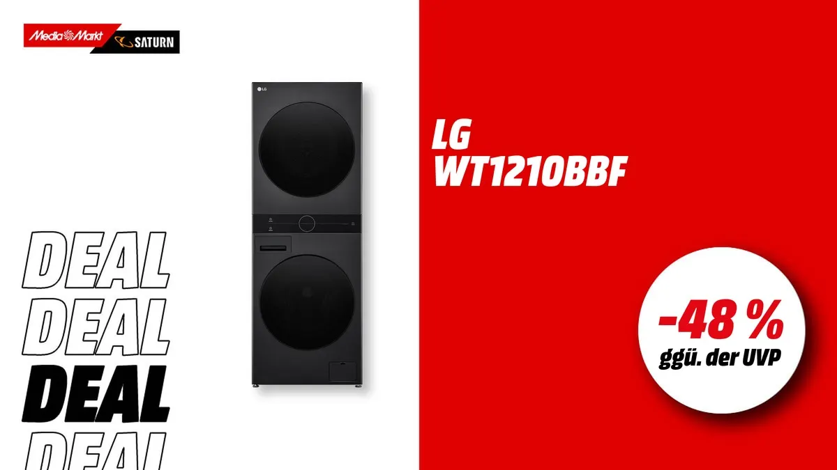 LG WT1210BBF Wasch/Trocken-Säule (12 kg / 10 kg) in Schwarz – aktuell mit -48 % (ggü. der UVP) bei MediaMarkt im Angebot.