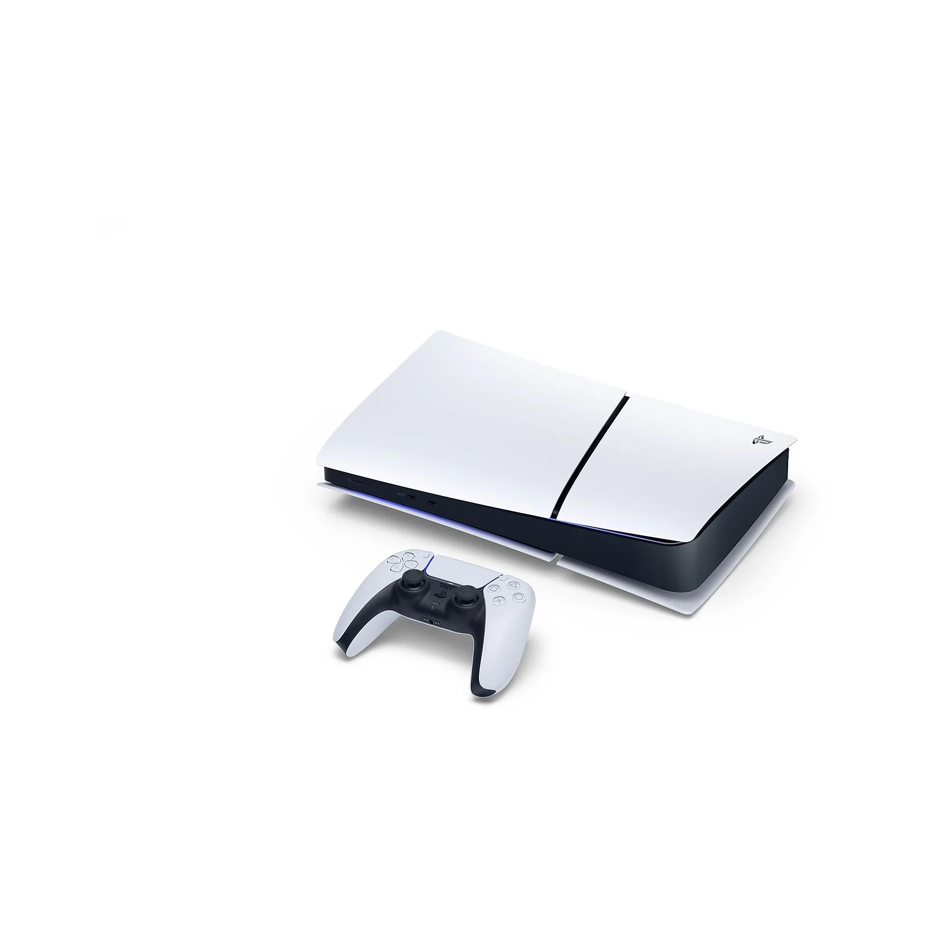 Schräg von oben gezeigte SONY PlayStation®5 Digital Edition (Slim) 825 GB in Horizontalposition, davor ein passender weiß‑schwarzer DualSense‑Controller.