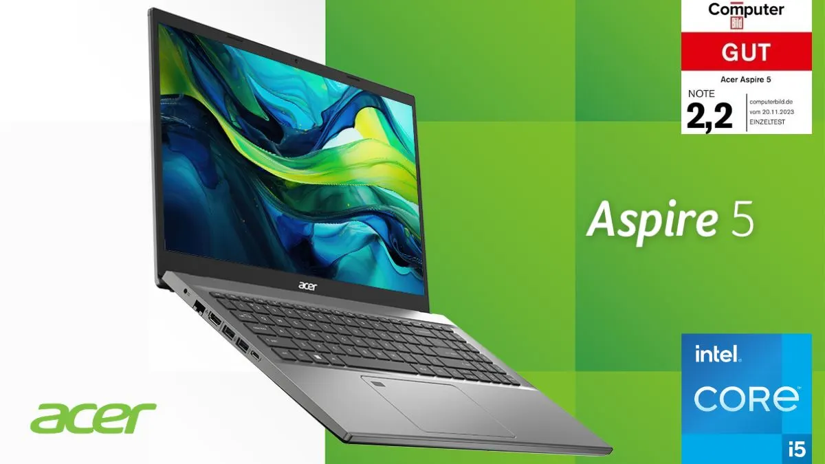 Ein Acer Aspire 5 Laptop ist auf einem grünen Hintergrund mit Logos und Text platziert. Der Laptop ist geöffnet und zeigt einen bunten Bildschirm.