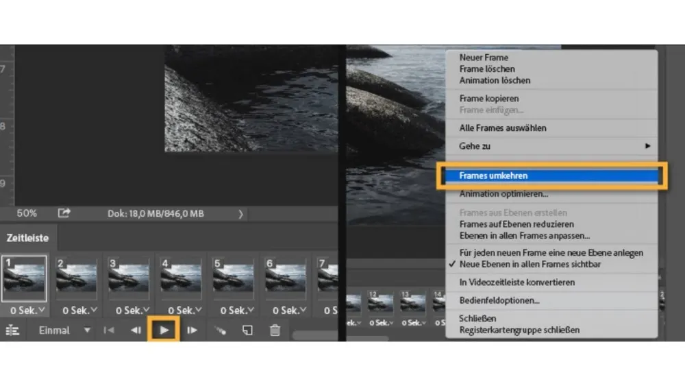 Bearbeitungssoftware-Oberfläche mit Menüs und einer Zeitleiste mit Miniaturansichten. Option "Frames umkehren" ist hervorgehoben. Abspielen-Taste unten.