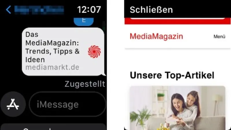 Zwei Handy-Screenshots zeigen Textnachricht mit Link zum MediaMagazin und Artikelauszug mit Mutter und Tochter.