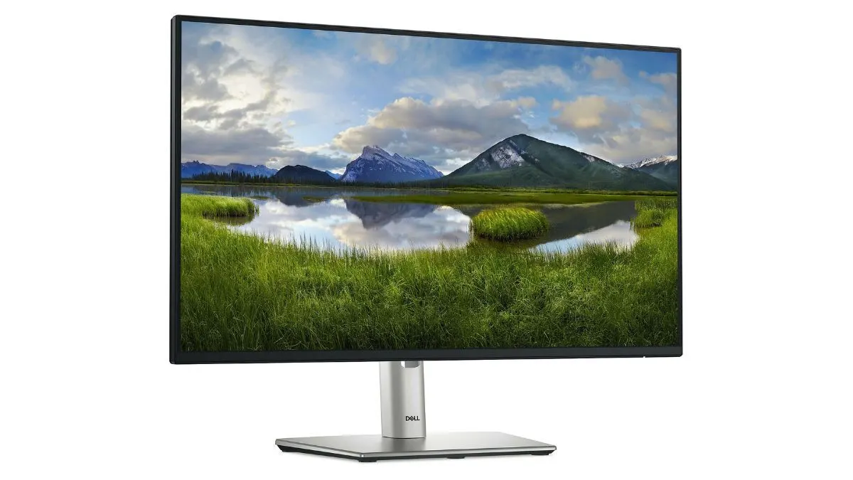 Ein Dell-Monitor mit silbernem Standfuß zeigt eine Landschaft mit Bergen, Gras und einem ruhigen See unter bewölktem Himmel.