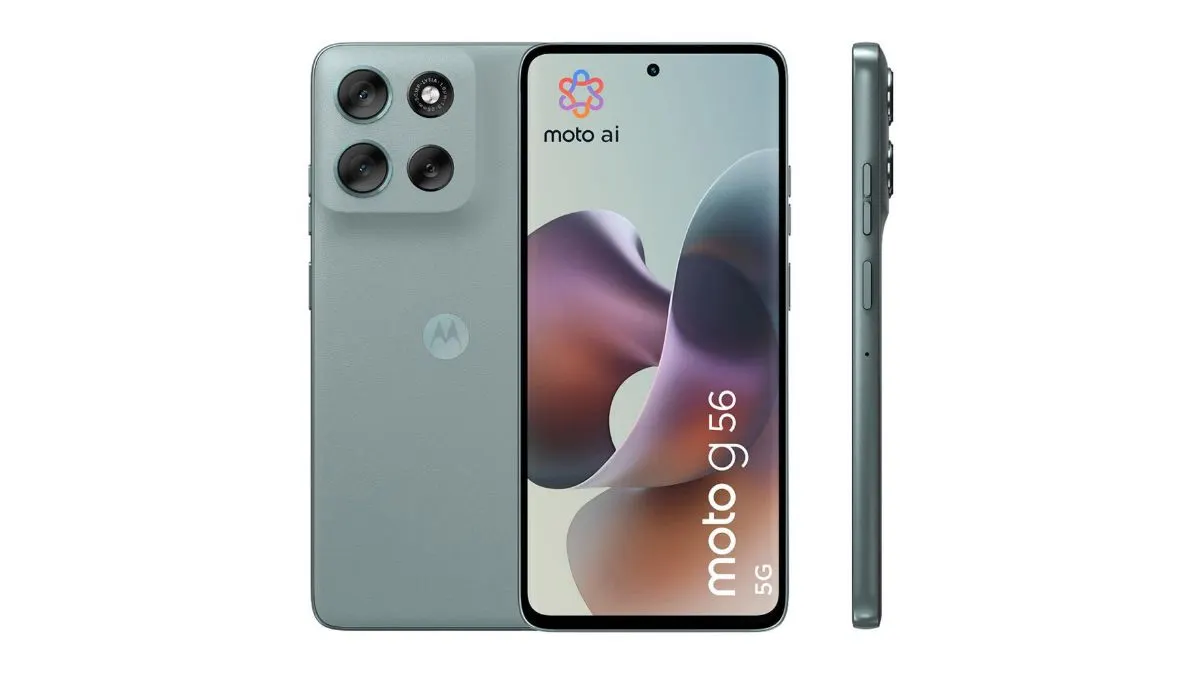 Das Smartphone Motorola Moto G56 vor weißem Hintergrund.