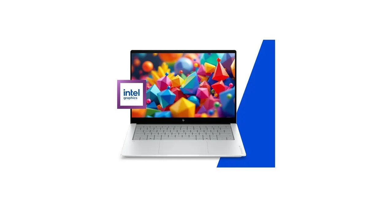 Das HP OmniBook X AI 14 vor einem weißen Hintergrund mit einem blauen Akzent.