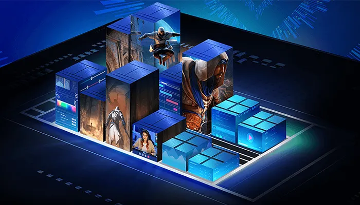 Blaue Würfel zeigen Spielegrafiken und Daten auf einem dunklen, geometrischen Hintergrund. Charaktere und Schnittstellen sind zu sehen.