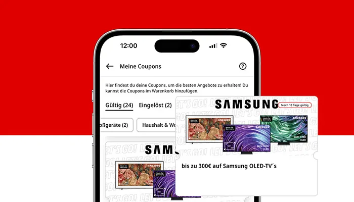Auf einem Smartphone werden Rabatt-Coupons in der MediaMarkt App angezeigt.