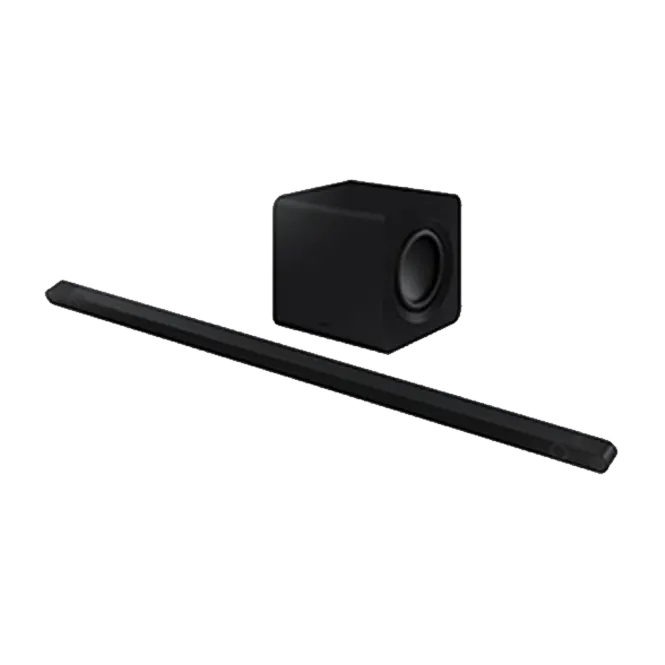 Schwarzer Subwoofer-Würfel steht hinter einer länglichen Soundbar auf einem weißen Untergrund.