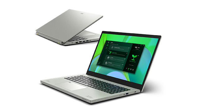 Zwei silberne Laptops auf einem weißen Hintergrund. Der eine ist geöffnet und zeigt einen grünen Bildschirm mit App-Symbolen.