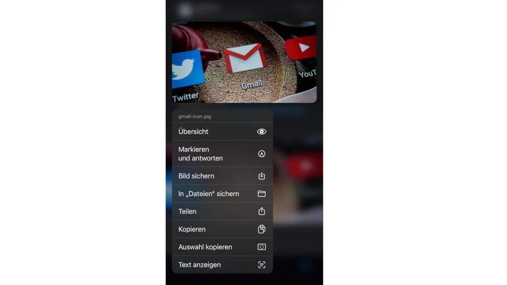 Ein Kontextmenü mit Optionen wie "Übersicht", "Bild sichern", "Teilen", "Kopieren" und App-Symbolen für Twitter, Gmail und YouTube.
