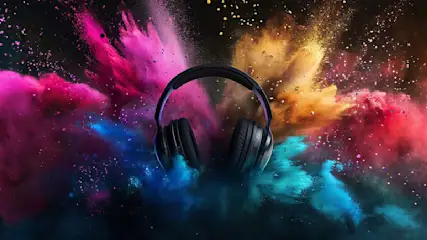 Schwarzer Kopfhörer vor Farbexplosionen in Pink, Gelb, Blau und Rot auf dunklem Grund.