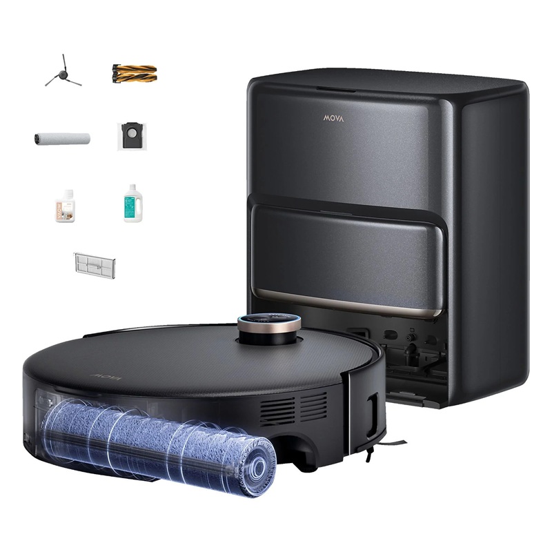 Komplett-Set des MOVA Z60 Ultra Roller Complete Saugroboters in Schwarz mit Basisstation und Rollenmopp-Detail, daneben Zubehör.