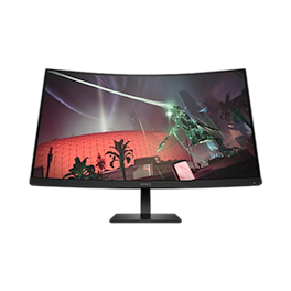 Gebogener OMEN Gaming-Monitor in Frontalansicht mit futurischer Spielszene auf dem Display, die eine leuchtende Kuppel und eine kämpfende Figur zeigt.