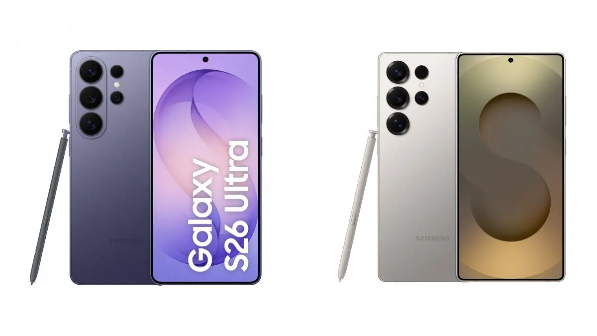 Ein Samsung Galaxy S26 Ultra in Violett und ein Galaxy S25 Ultra in Silber vor weißem Hintergrund.