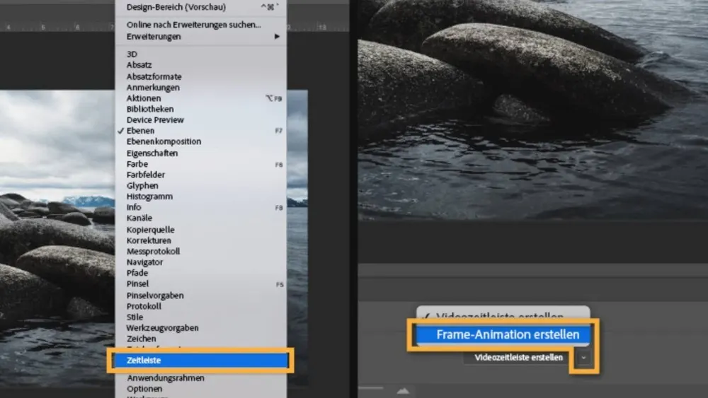 Menü mit Optionen wie Ebenen und Zeitleiste, hervorgehoben. Rechts: Wasser und Felsen; "Frame-Animation erstellen" markiert.