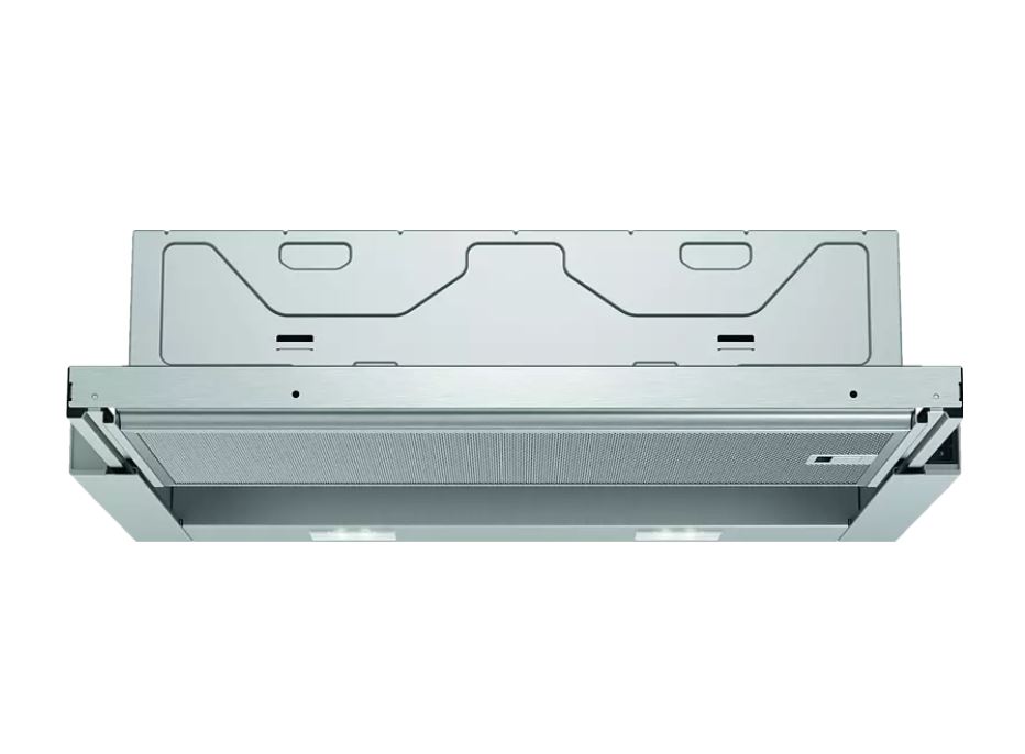 Eine silberne Dunstabzugshaube mit zwei Lichtern ist vor einem weißen Hintergrund zu sehen.