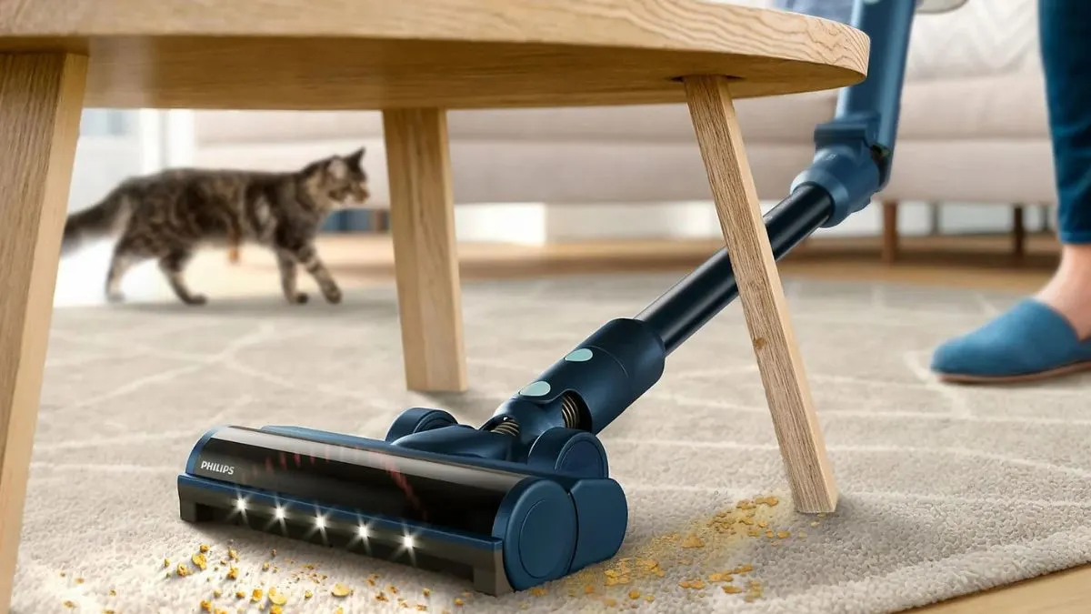 Eine Person saugt unter einem Wohnzimmertisch mit dem Akku-Staubsauger Philips XC5242/10 Flex-it.