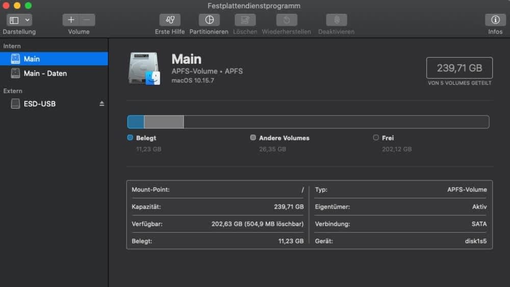 Ein Screenshot zeigt das Festplattendienstprogramm von MacOS.