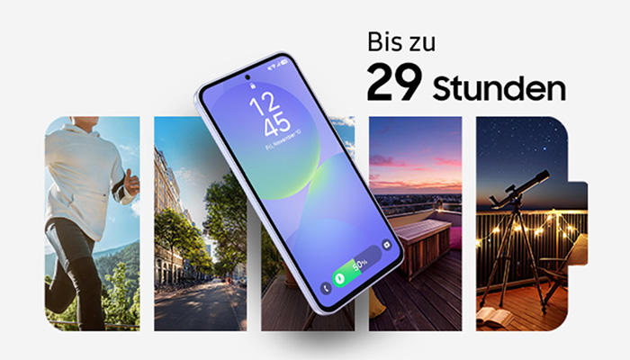 Handy mit blauen Bildschirm, der 12:45 Uhr zeigt, umgeben von Bildern: Läufer, Stadt, Sonnenuntergang und Teleskop.