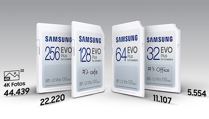 Stilisierte Aufstellung mehrerer Samsung EVO Plus Speicherkarten