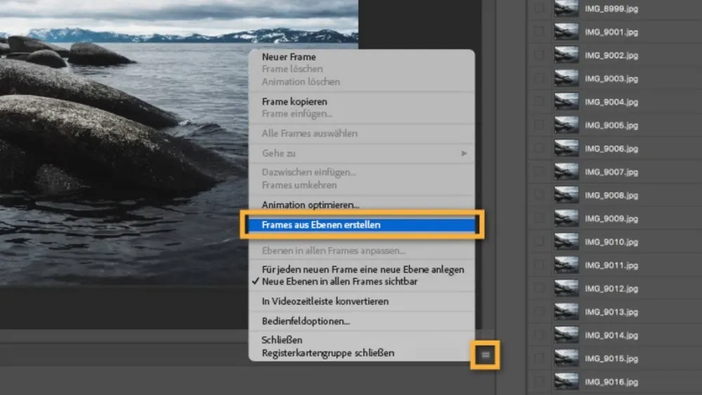 Menü "Frames aus Ebenen erstellen" in Software mit Dateiliste, im Hintergrund Felsen im Wasser.