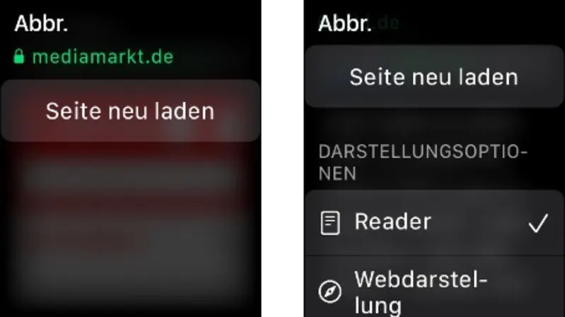 Zwei Smartphone-Screenshots zeigen Menüs. Optionen umfassen "Seite neu laden", "Darstellungsoptionen", "Reader" und "Webdarstellung". Ein grünes Schloss-Symbol ist sichtbar.