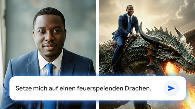 Zweiteiliges Bild: Links ein Porträt eines Mannes im Anzug, rechts derselbe Mann in identischer Kleidung, der auf einem feuerspeienden Drachen reitet – davor ein Textfeld mit der Eingabe ‚Setze mich auf einen feuerspeienden Drachen‘ als Beispiel für KI‑Bildbearbeitung.