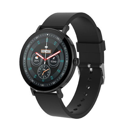 Runde Smartwatch mit schwarzem Armband, analogem Zifferblatt und mehreren Anzeigen für Uhrzeit, Datum und Fitnessdaten.
