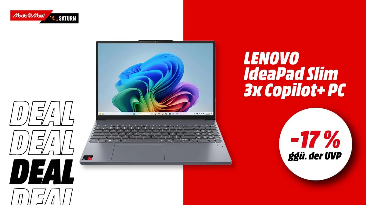 Lenovo IdeaPad Slim 3x Laptop mit 15,3-Zoll-Display und Qualcomm Snapdragon X Prozessor, jetzt mit -17 % (ggü. der UVP) reduziert.