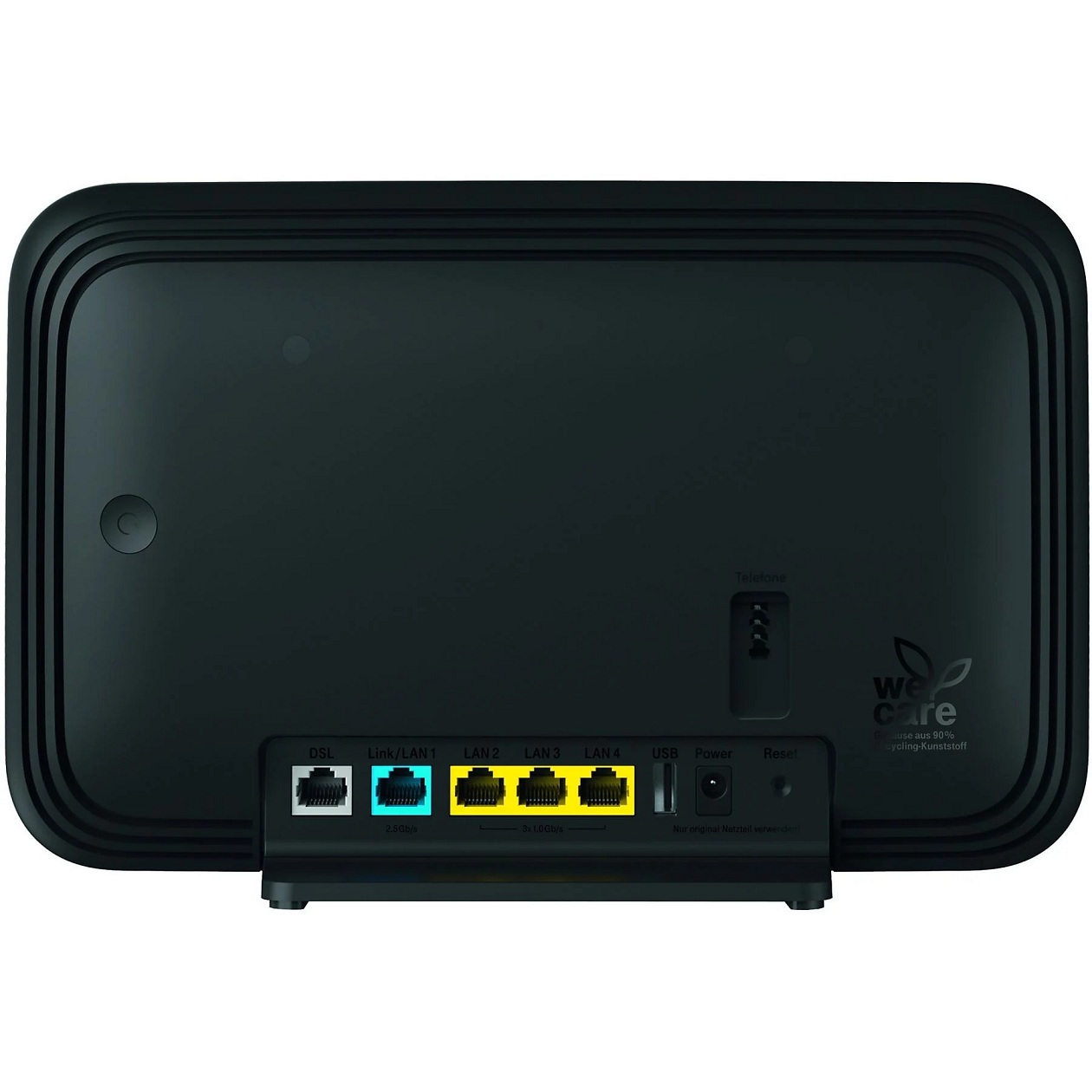 Rückansicht des TELEKOM Speedport Smart 4 R Routers in Schwarz mit DSL‑, LAN‑, USB‑ und Telefonanschlüssen sowie Netzschalter, ideal für schnelles Heimnetz.