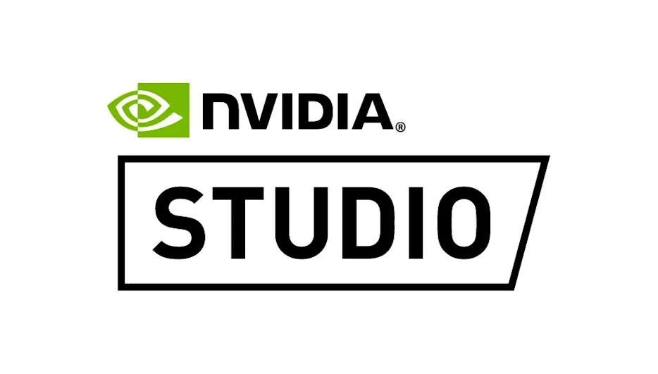 Das Logo zeigt NVIDIA in Schwarz, darüber ein grünes Symbol. Unten steht STUDIO in Schwarz, umrandet von einer schwarzen Linie.