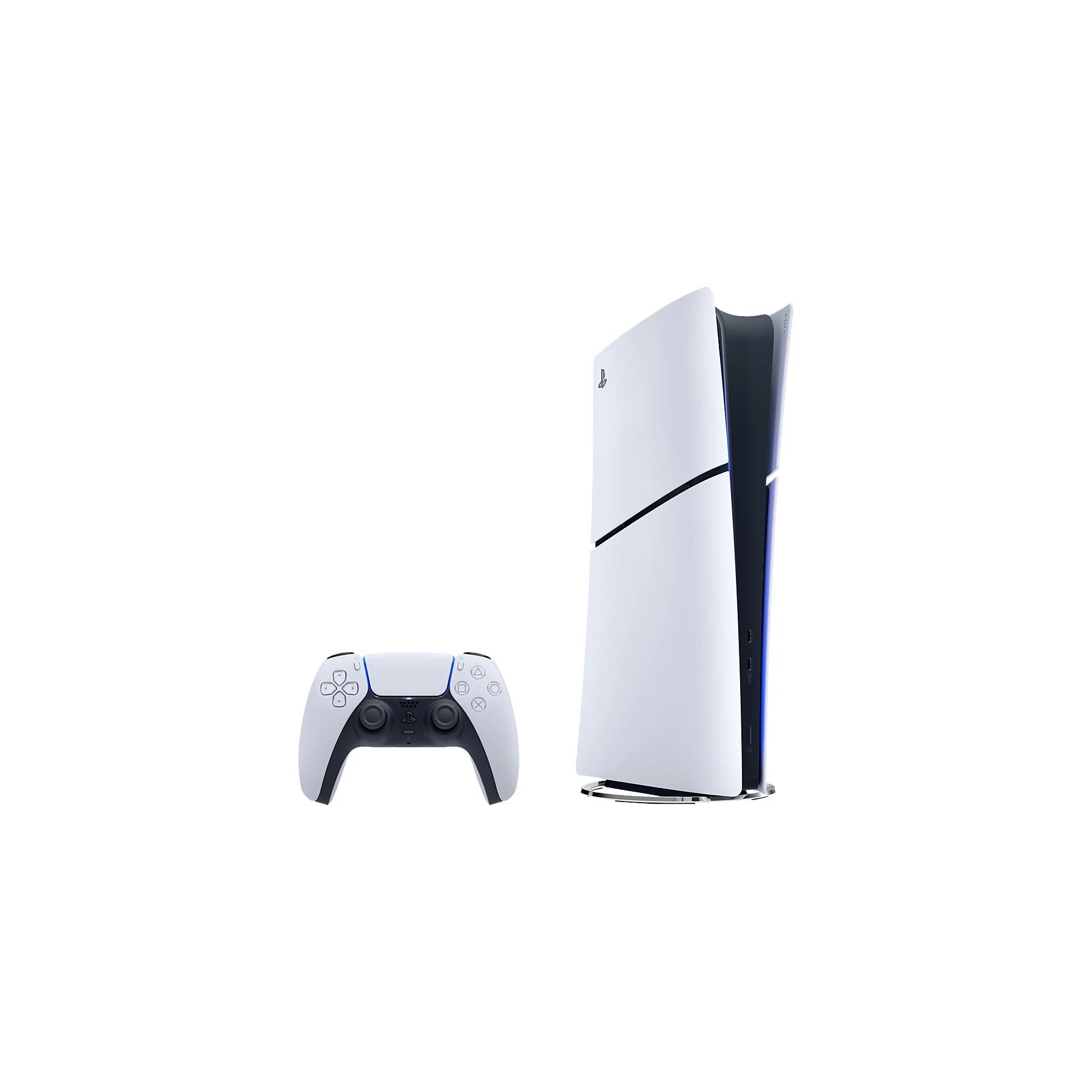 Vertikal aufgestellte SONY PlayStation®5 Digital Edition (Slim) 825 GB rechts im Bild, links davor separat platzierter weißer DualSense‑Controller.