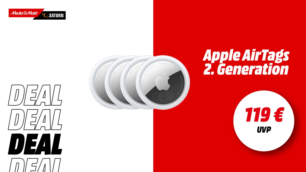 4er Pack Apple AirTag 2. Generation und Hinweis auf UVP von 119 Euro auf buntem Hintergrund.