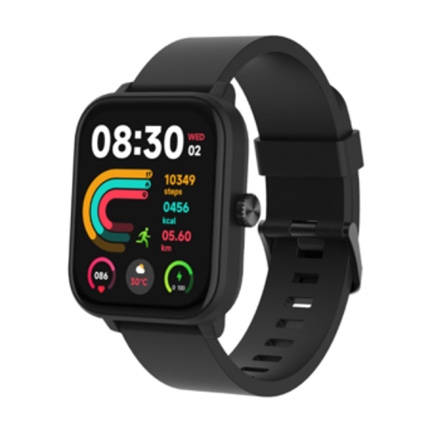 Eckige Smartwatch mit schwarzem Armband, farbigem Display und Fitnessanzeigen für Schritte, Kalorien, Temperatur und Distanz.