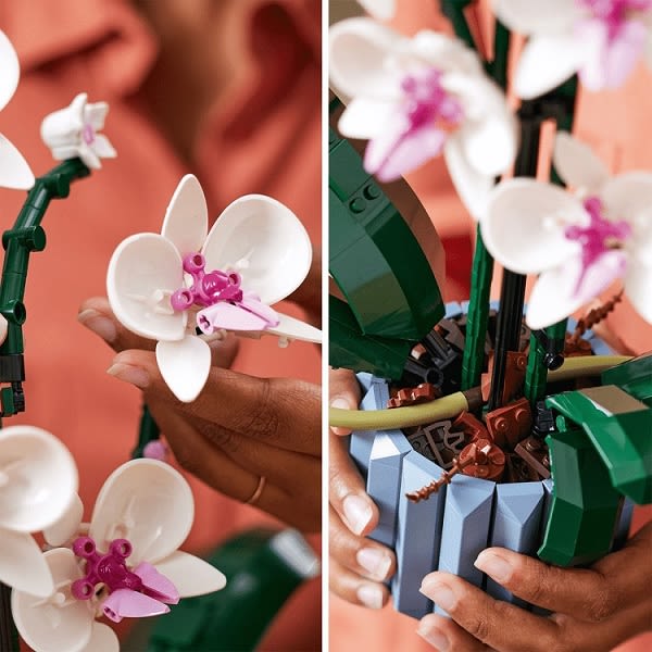 Zwei Detailansichten der Blüten und der Vase des LEGO Botanical Collection 10311 Orchidee Bausatzes