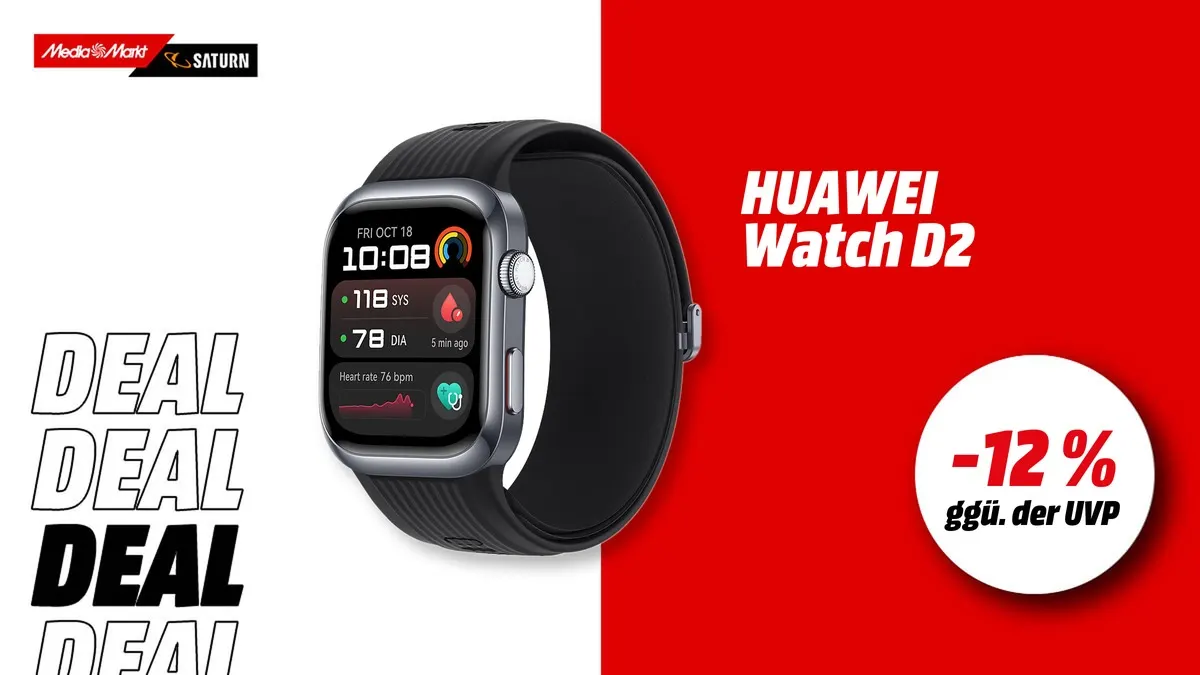 Huawei Watch D2 Smartwatch in Schwarz mit Fluorelastomer-Armband, aktuell mit -12 % (ggü. der UVP) reduziert